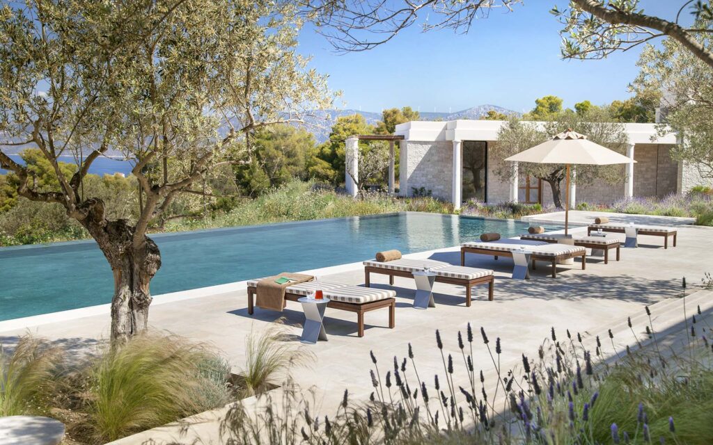 Amanzoe, Greece   Accommodation, Villas, Six bedroom villa, Terrace, Swimming pool, View